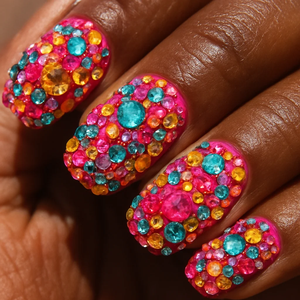 Y2K bedazzle explosion nails covered in chaotic multi-colored rhinestones on hot pink base on deep dark skin — maximalist gem nail 2026