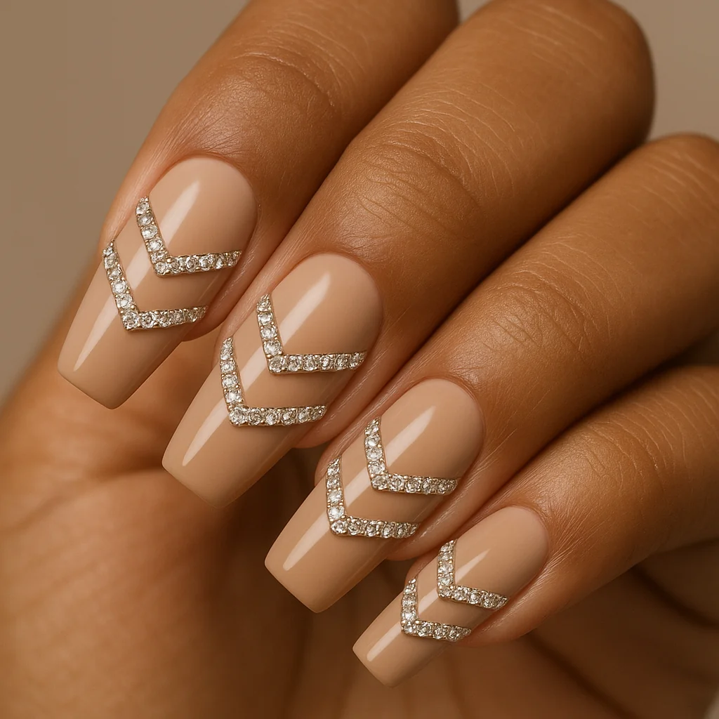 Three crystal chevron bands in parallel V-shapes across nude beige base on warm olive skin — geometric gem nail 2026