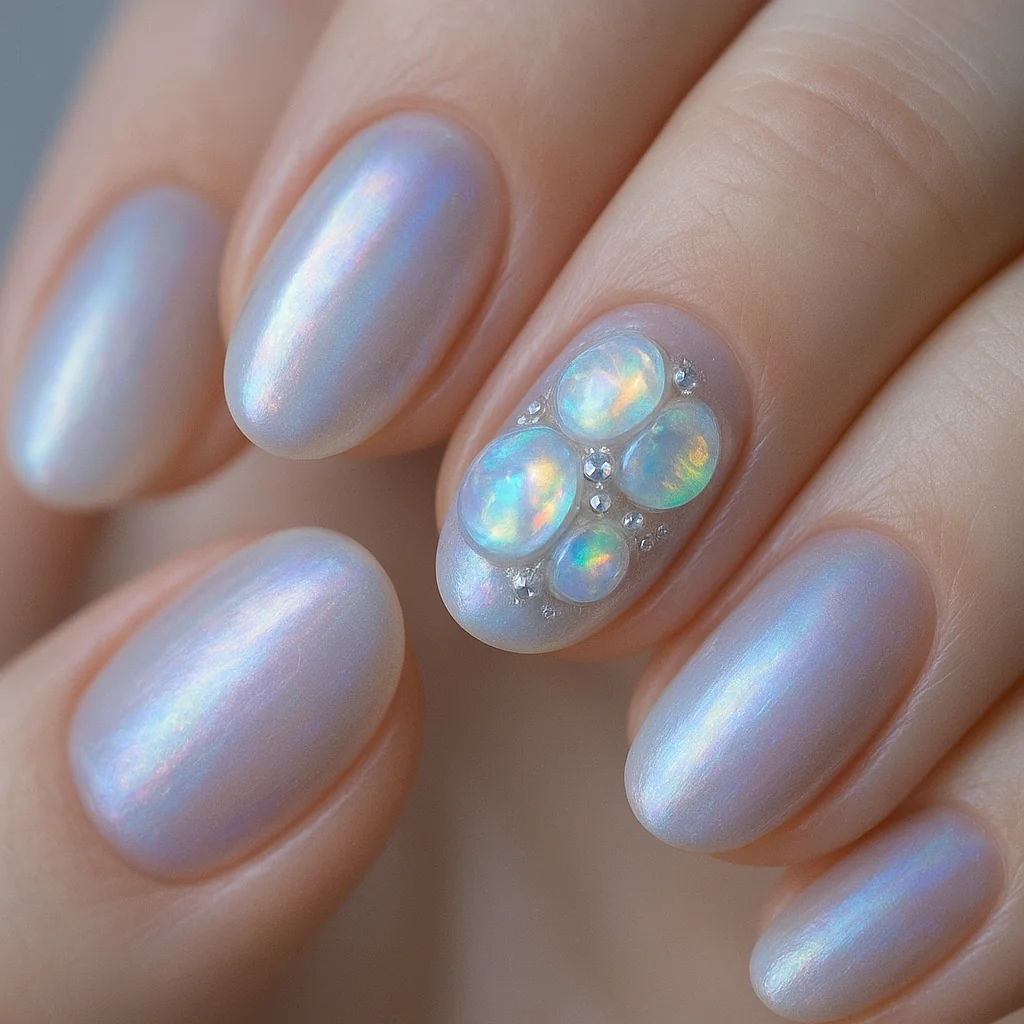 Moonstone opal cabochon clusters on pearl iridescent shifting base on pale fair cool skin natural daylight — crystal nail 2026