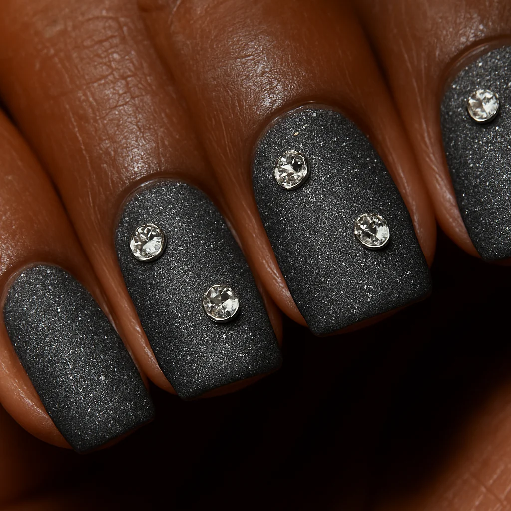 Diamond dust matte surface nails with micro crushed crystal powder plus three statement crystals diagonal on dark warm skin — gem nail 2026