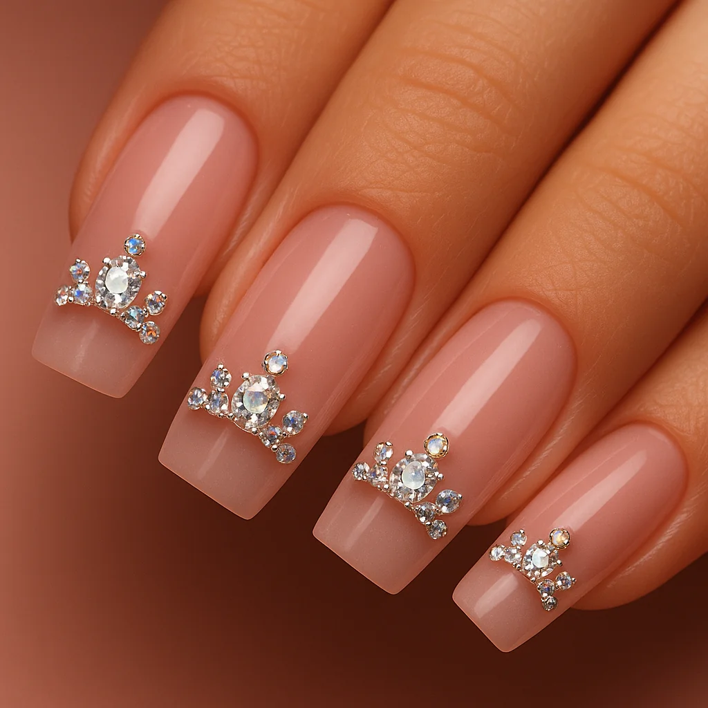 Crystal tiara crown arrangement at nail cuticle 8mm wide on pink glazed base on warm golden skin — gem nail design 2026