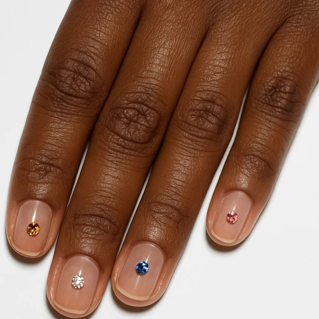 Single crystal per nail at different positions across hand on transparent base on dark espresso skin — minimal gem nail 2026