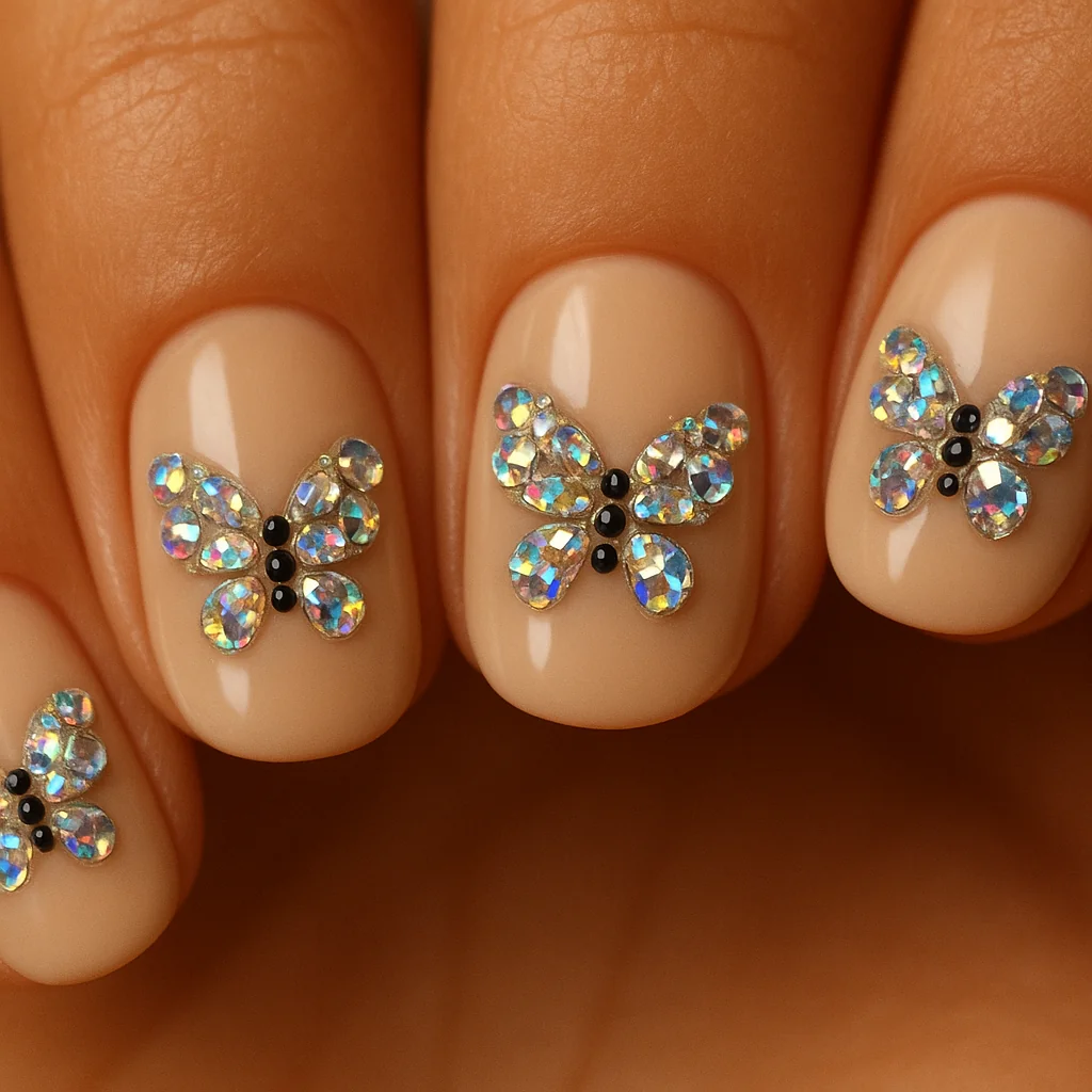 Rhinestone butterfly wing construction with AB crystal arcs on nude beige base on warm tan skin — gem nail art 2026