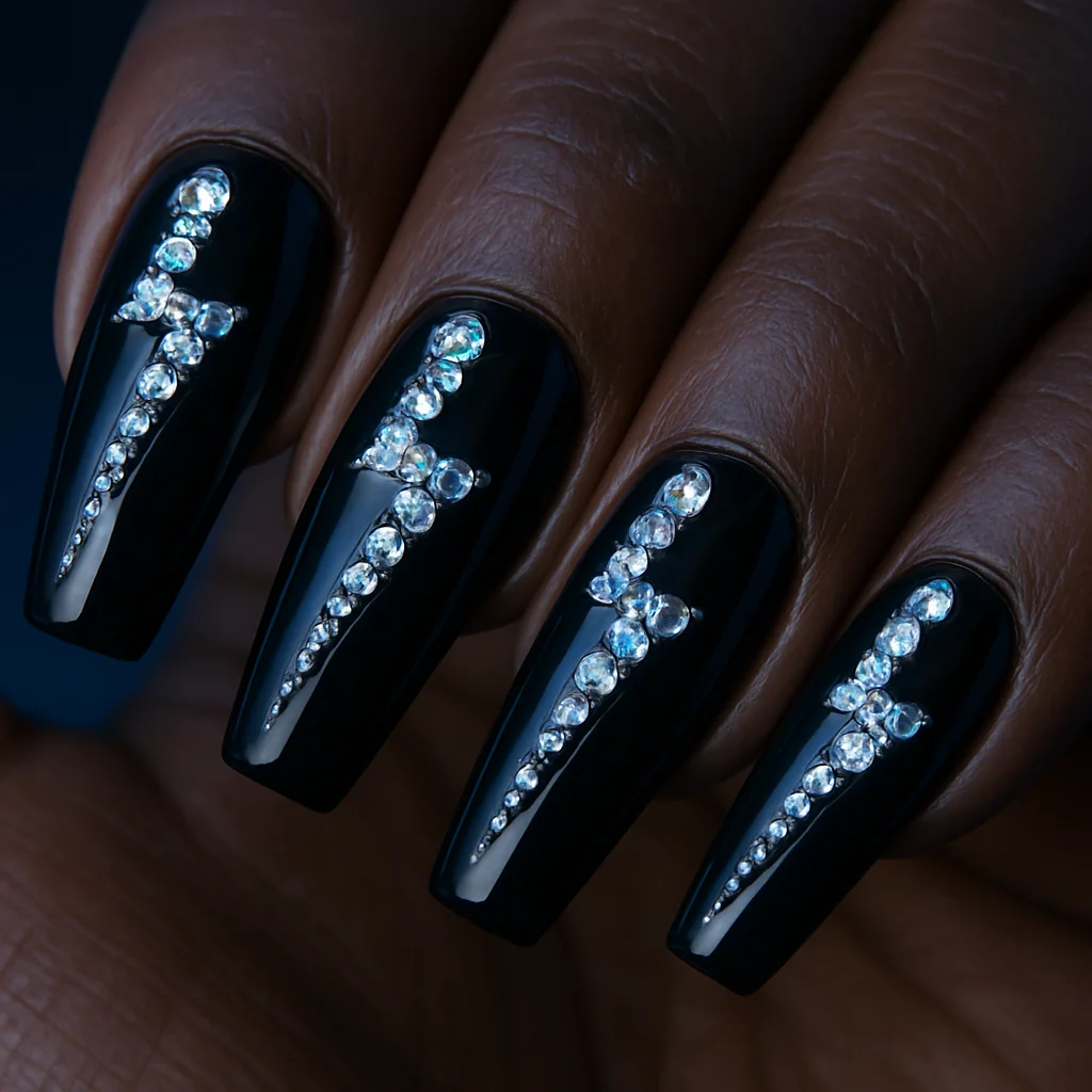 Crystal lightning bolt zigzag across black gloss nail on dark warm skin with blue dramatic light — gem nail design 2026