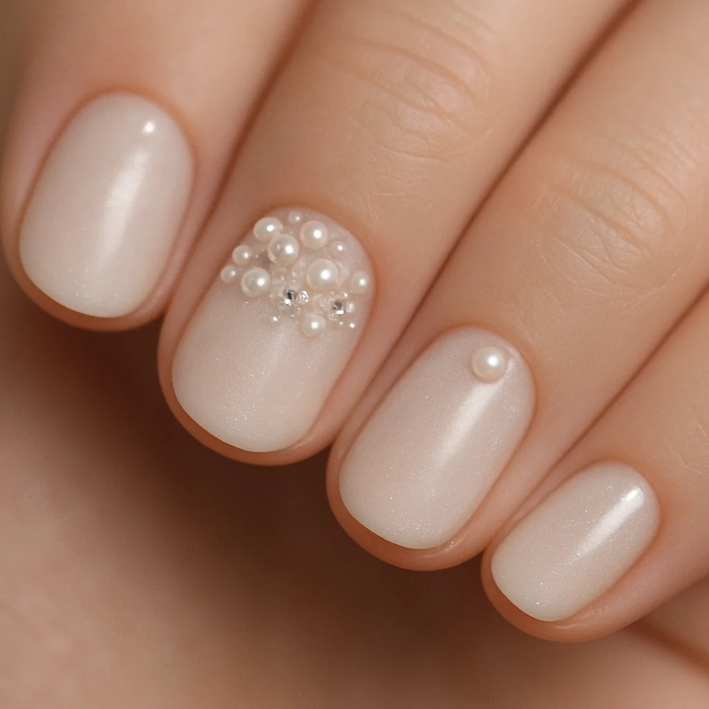 Bridal minimal pearl and crystal scatter on accent nails with single pearl on others pale fair skin — bridal gem nail 2026