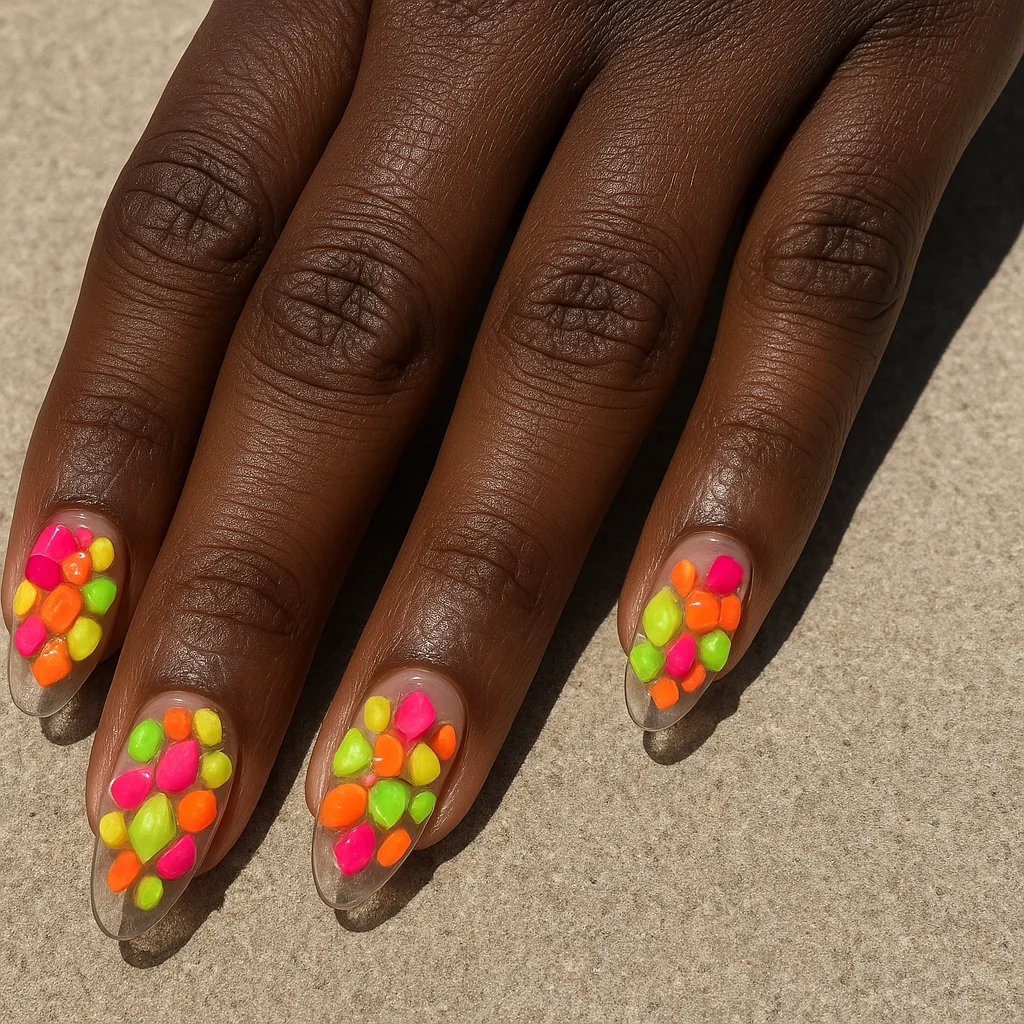 Neon gem clusters on transparent clear gel base three groups per nail on deep dark skin outdoor sun — neon gem nail 2026