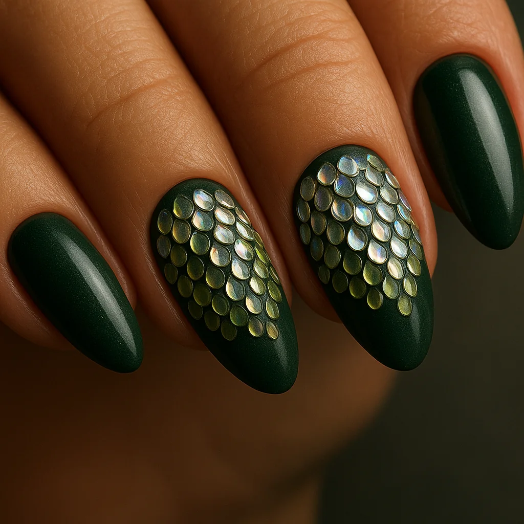 Snake scale pattern of flat oval crystals in offset rows on midnight green base on warm olive skin — scale gem nail 2026