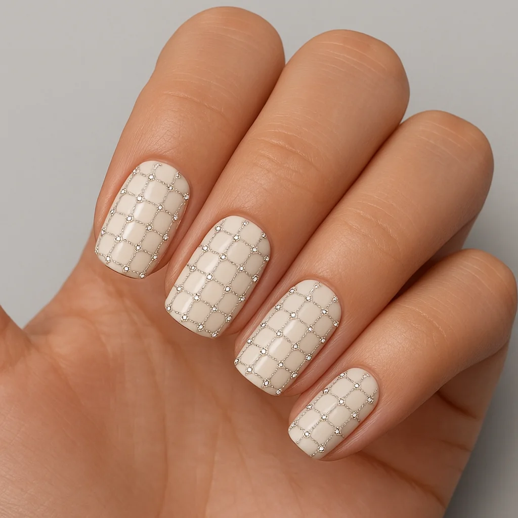 Precise crystal grid crosshatch intersections on ivory base on light medium skin overhead studio — gem nail 2026