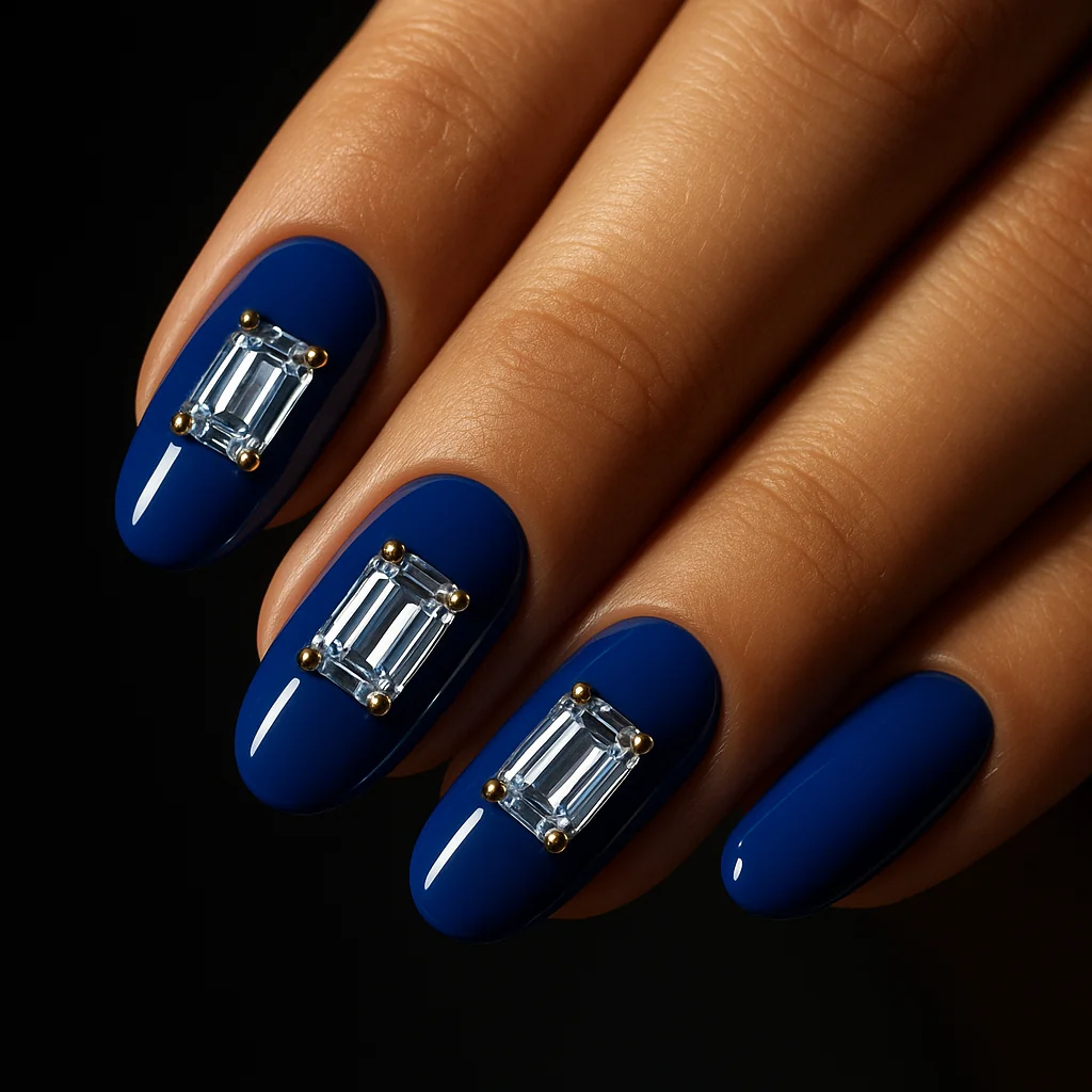 Large emerald cut rectangle crystal on cobalt blue base with prong crystals at corners on warm tan skin spotlight — gem nail 2026