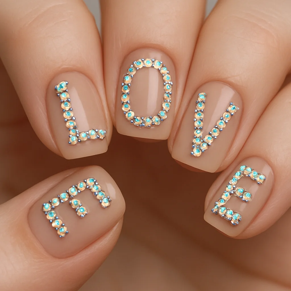 Crystal letters spelling LOVES in 0.8mm crystals on nude base on pale porcelain skin — gem nail typography 2026