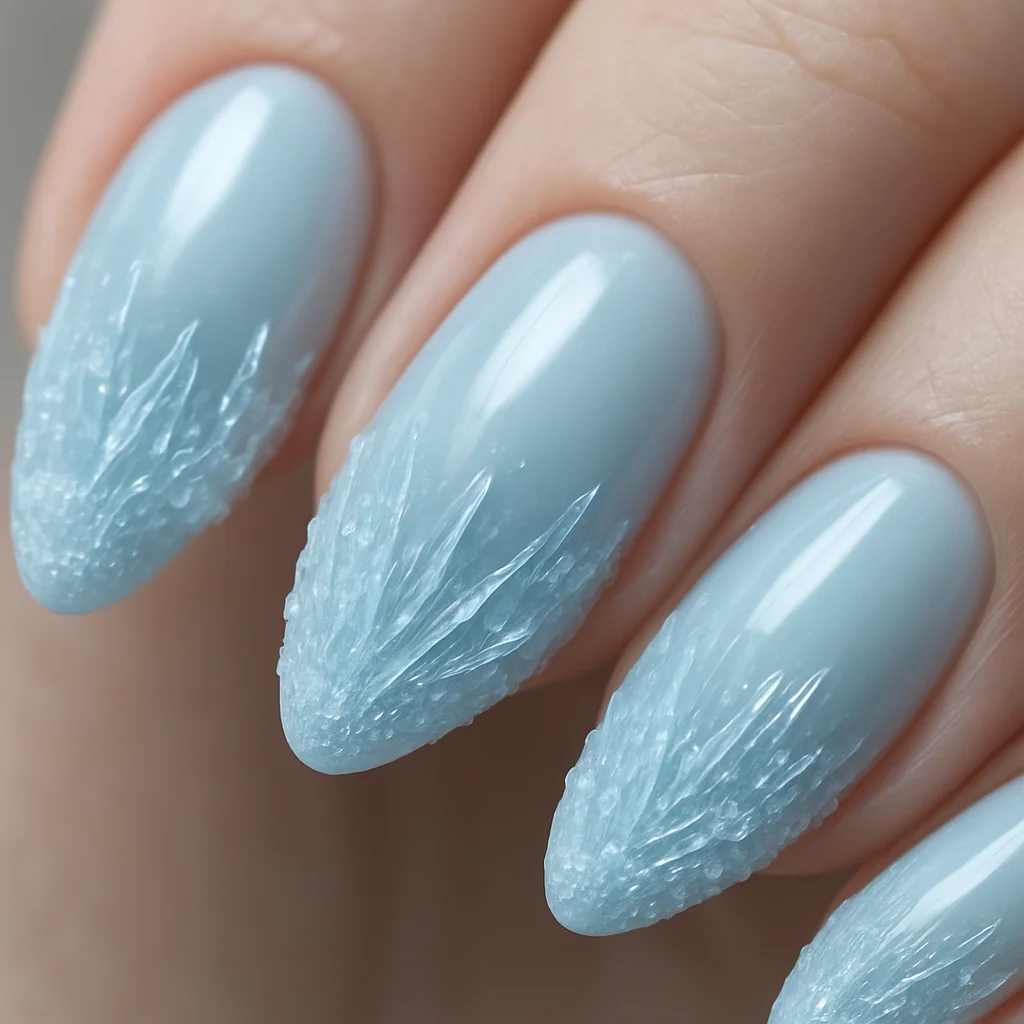 Ice crystal frost nails with elongated needle crystals from free edge on icy blue base on medium fair skin cool light — gem nail 2026