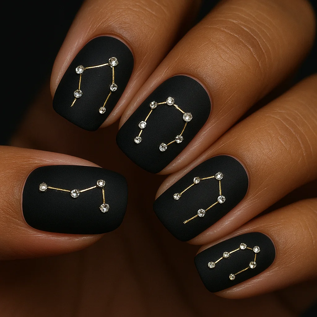 Zodiac constellation crystals on black velvet matte base each nail a different sign on dark warm skin — astrology gem nail 2026