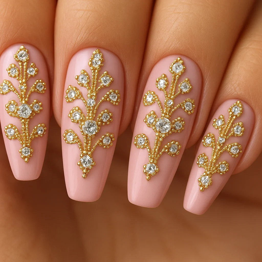 Fabergé egg inspired ornate crystal brooch symmetric pattern on pink base on warm light tan skin — luxury gem nail 2026