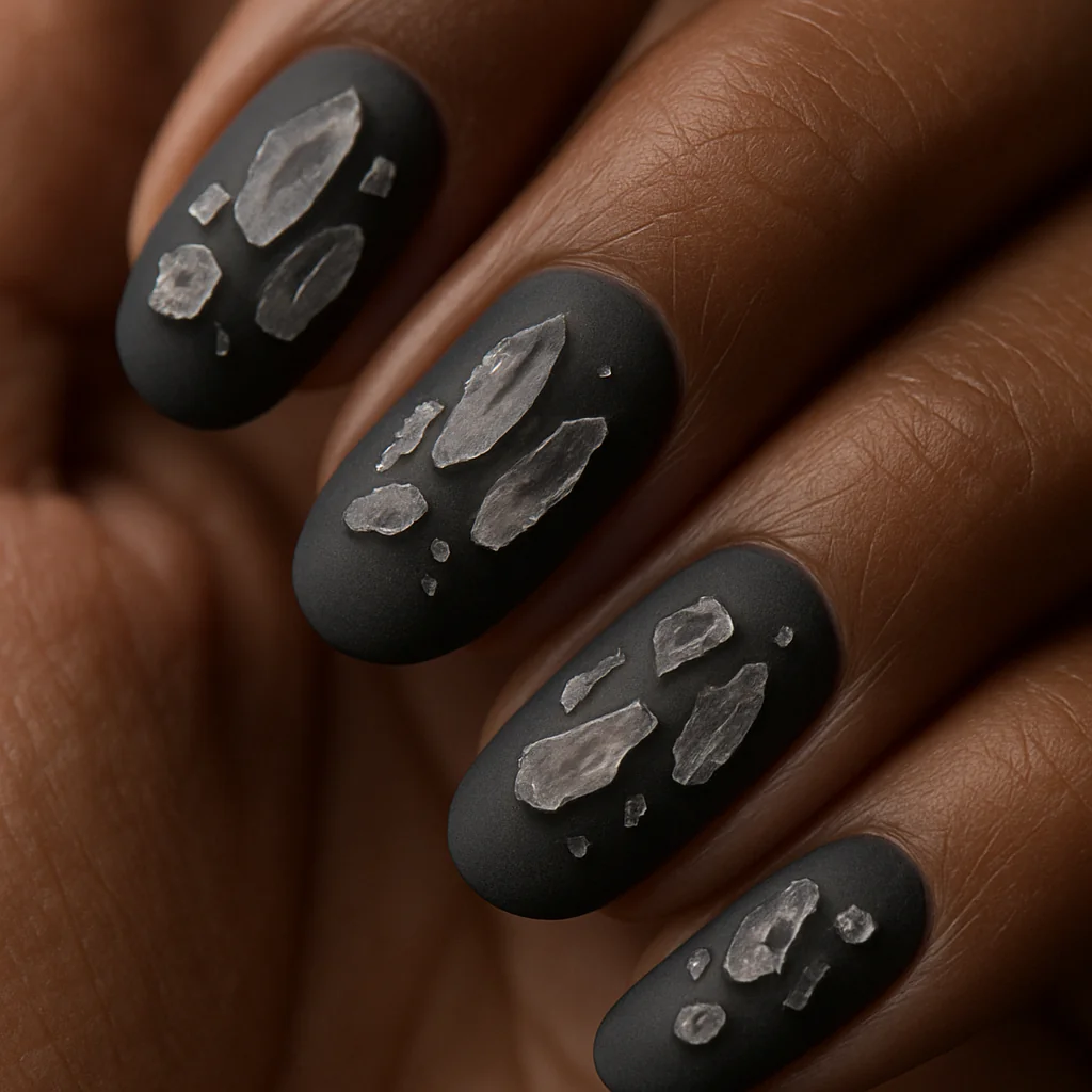 Raw irregular crystal fragments scattered on charcoal grey matte base on medium dark warm skin natural light — raw gem nail 2026