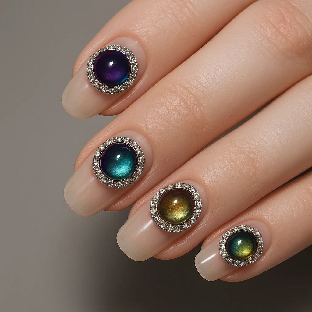 Large color-shift alexandrite mood stone with crystal halo on clear base on pale cool skin multi-directional light — gem nail 2026