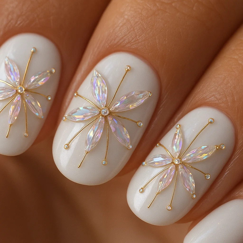 Crystal spider lily flower with six elongated petals and stamens on white glazed base on warm medium skin — gem nail art 2026