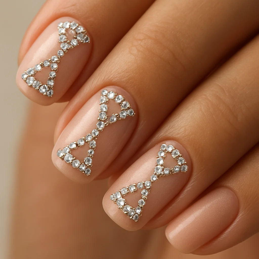 Crystal hourglass shape on nude pink satin base symmetric cuticle-to-tip on fair olive skin — gem nail 2026