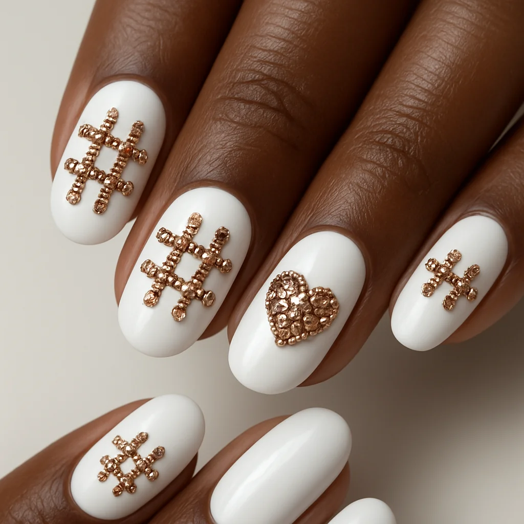 Crystal hashtag symbols on white base in rose gold rhinestones on deep dark skin editorial — gem typography nail 2026