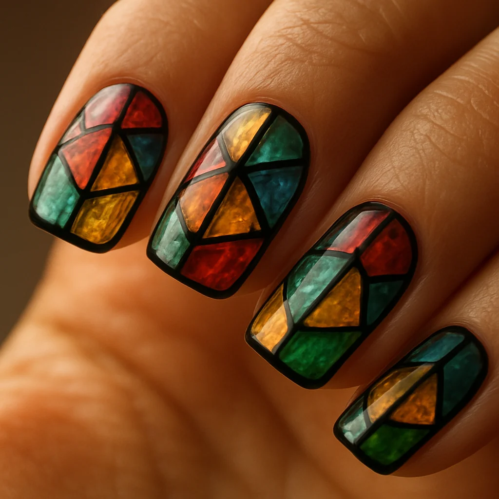 Stained glass crystal window with colored transparent stones in black lead sections on warm olive skin backlit — gem nail art 2026
