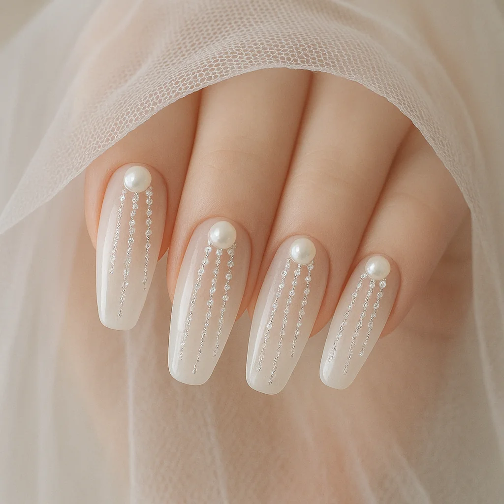 Bridal crystal veil drape nails with pearl-anchored micro crystal strands falling from cuticle on ivory base on pale skin — bridal gem nail 2026