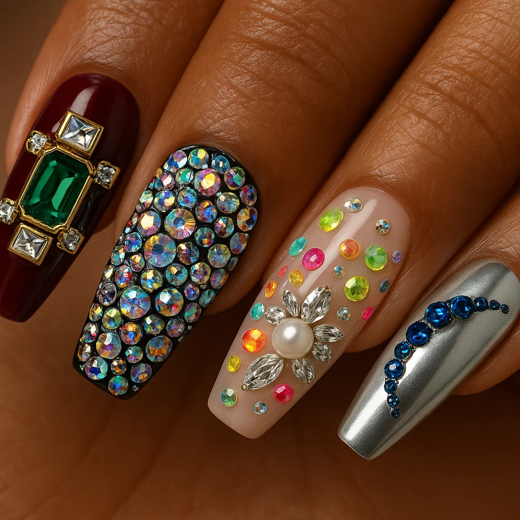 Maximalist gem nail collage five different designs one hand burgundy emerald cut black encrusted clear neon blush flower chrome constellation on warm brown skin — gem nail 2026