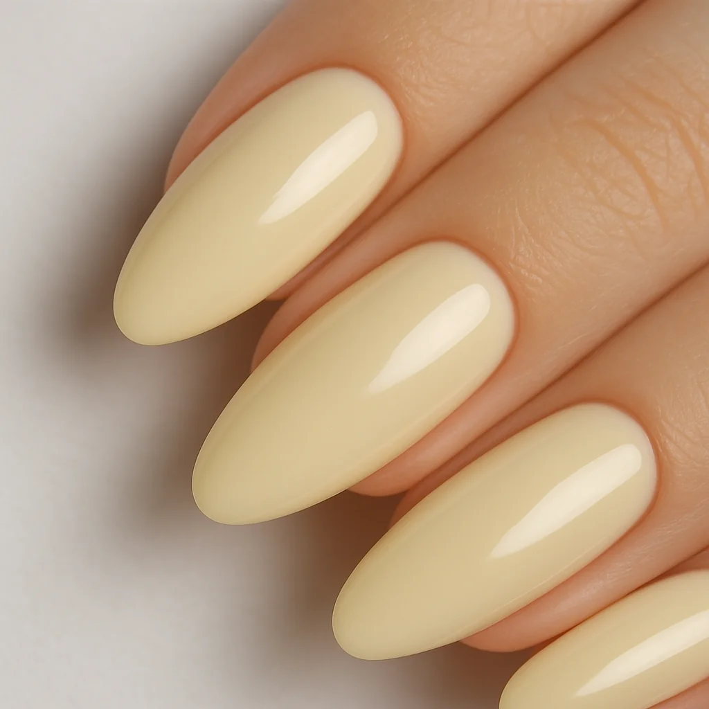 Butter yellow almond nails with milky glazed finish — nail design trend 2026