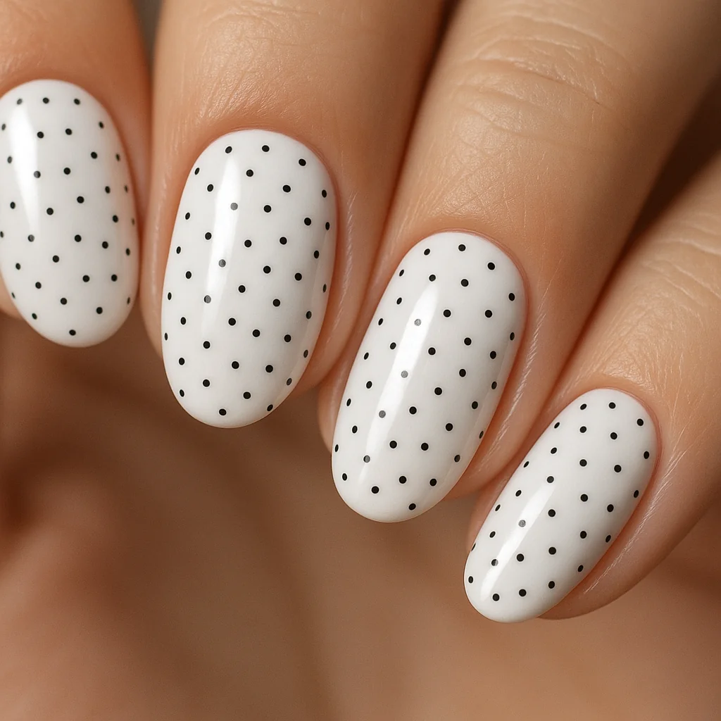 Polka dot nails with white base and tiny black micro-dots — retro nail trend 2026