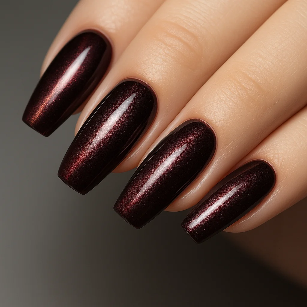 Chrome cat-eye nails in deep burgundy with magnetic shimmer — 2026 nail art trend