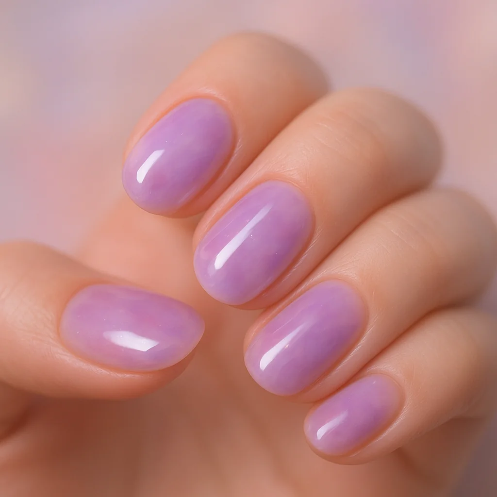 Sheer lavender glazed nails with watercolor translucent finish — spring nail trend 2026