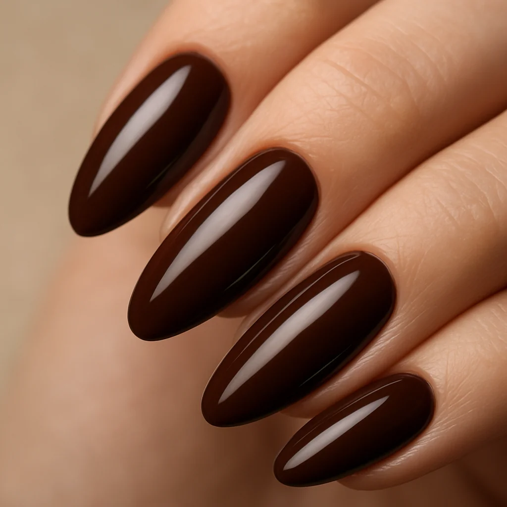 Chocolate mocha brown glossy nails on almond shape — popular nail color 2026