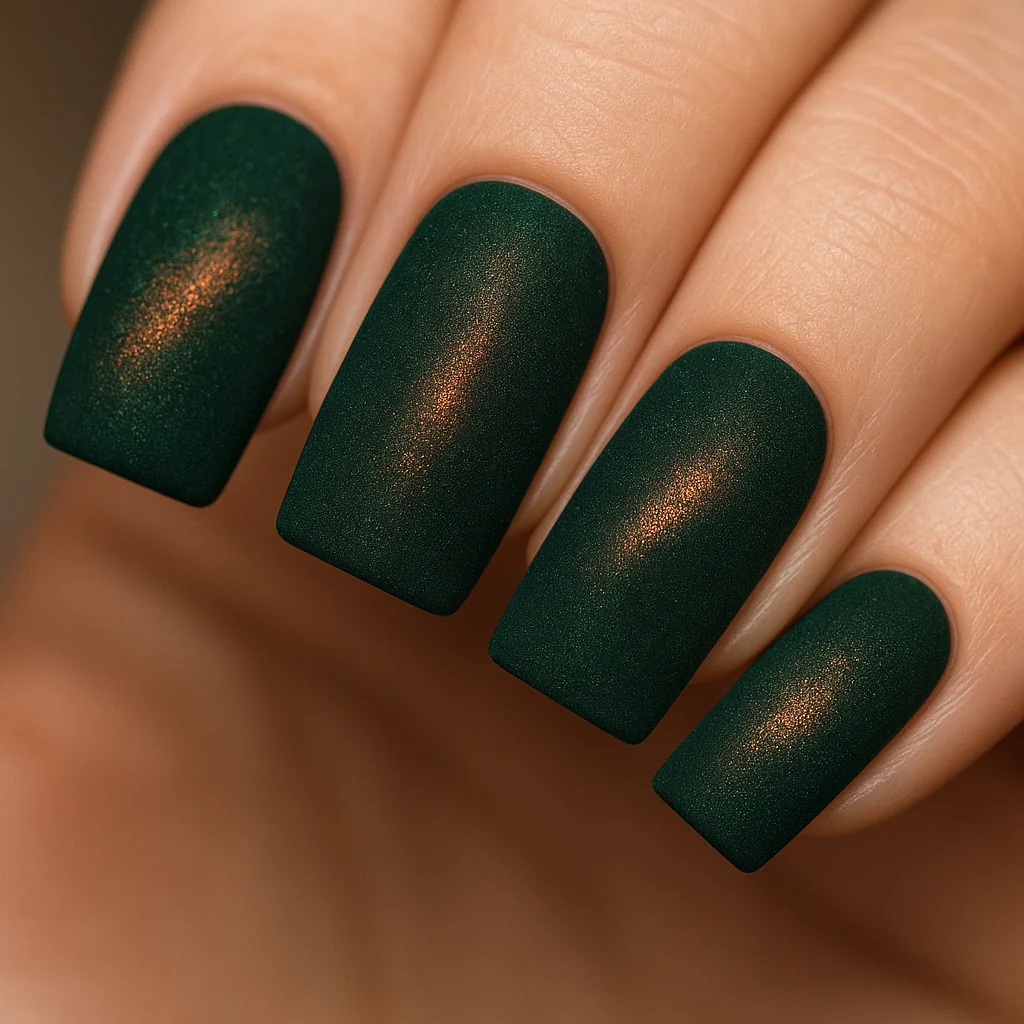 Velvet cat-eye nails in forest green with copper magnetic shimmer — 2026 nail trend