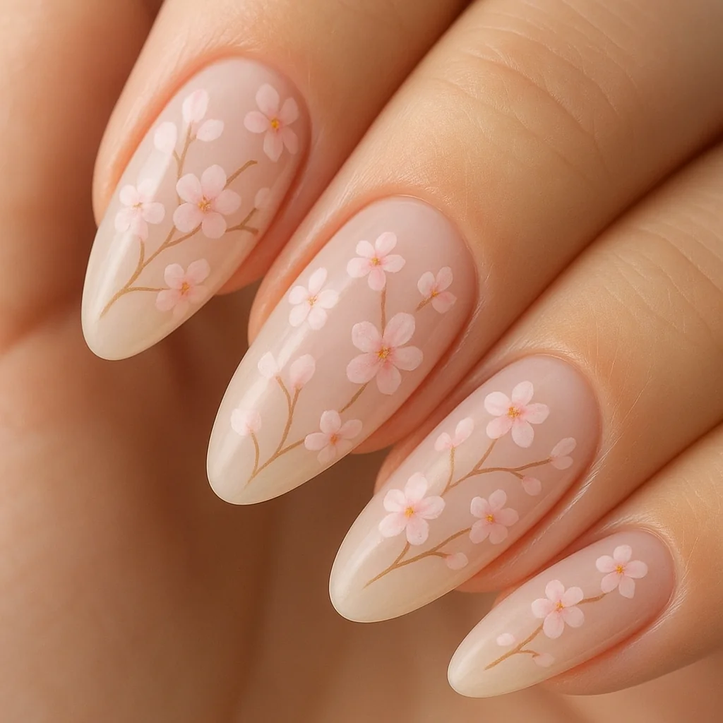 Micro floral nails with cherry blossom motifs on milky base — delicate nail art 2026