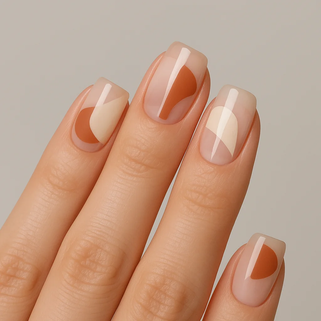 Negative space nails with terracotta geometric cutouts on clear base — minimalist nail design 2026