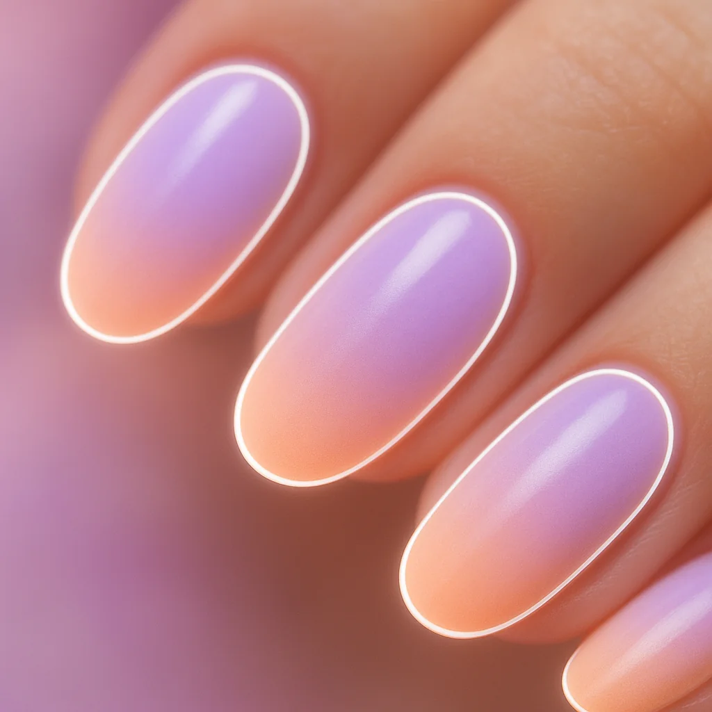 Aura nails with lavender to peach gradient and white outline halo — trending nail art 2026