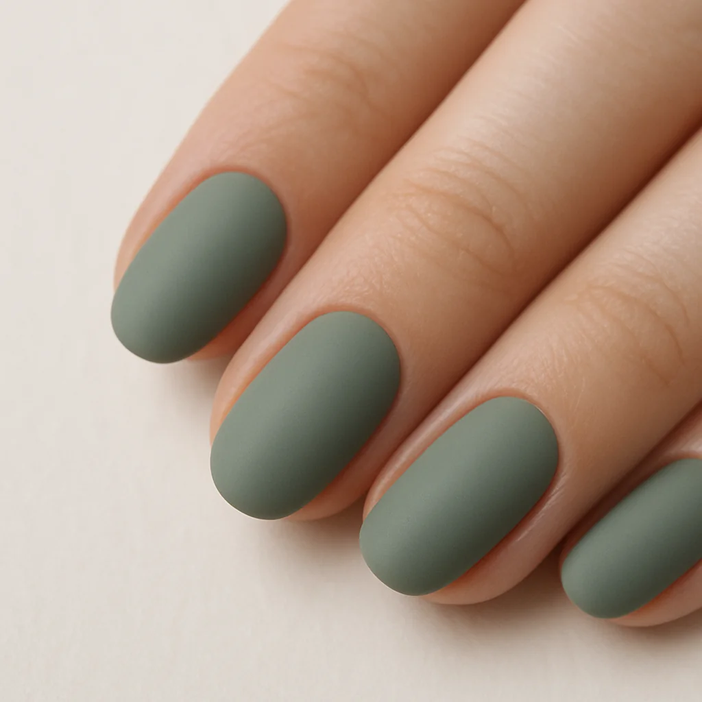 Muted sage green matte nails on short almond shape — minimalist nail color 2026