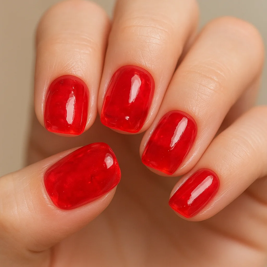 Gummy candy nails in translucent cherry red jelly gel — trendy nail design 2026