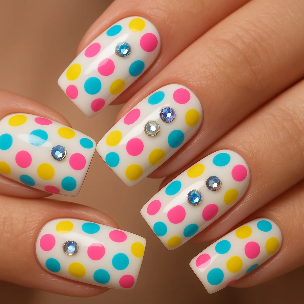 Retro Y2K polka dot nails with gems on white base — fun nail art trend 2026