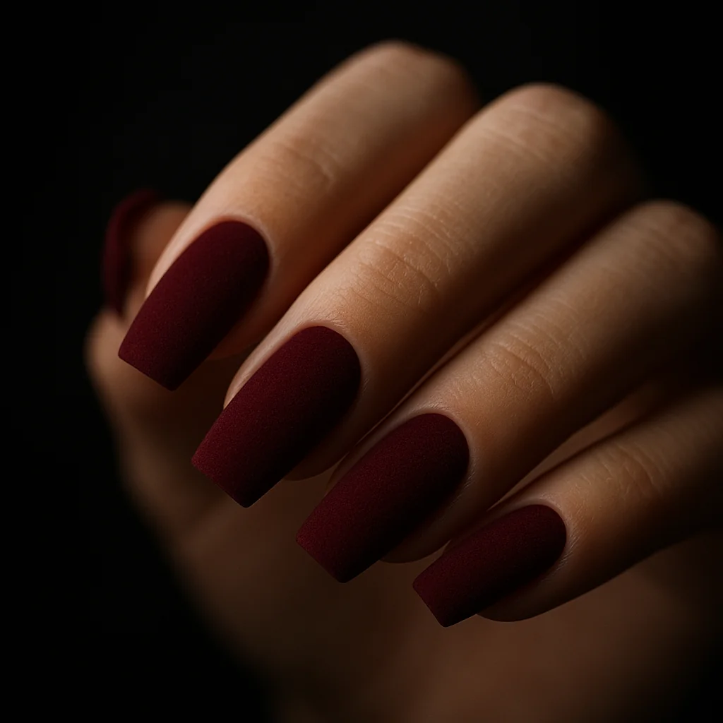 Velvet matte burgundy nails on coffin shape — moody nail trend 2026