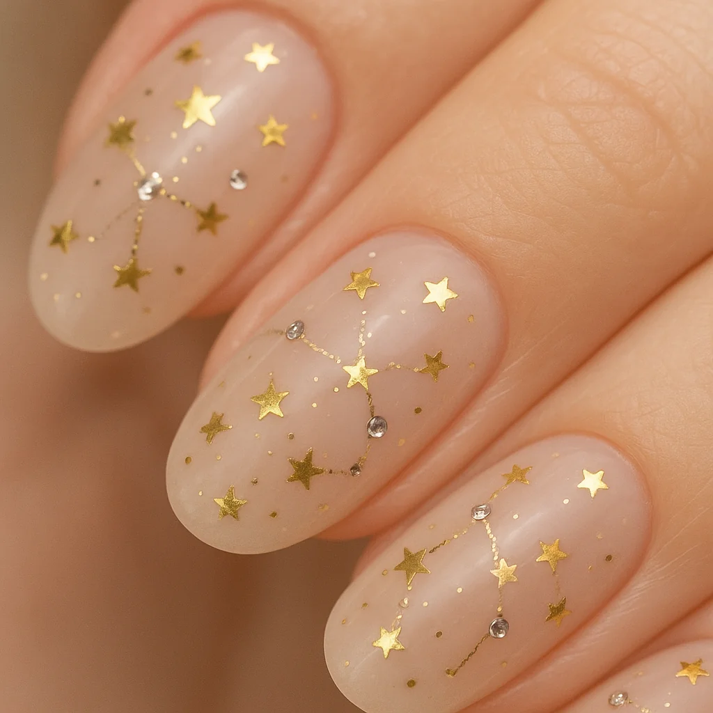 Constellation nail art with gold foil stars and gems on nude base — celestial nails 2026
