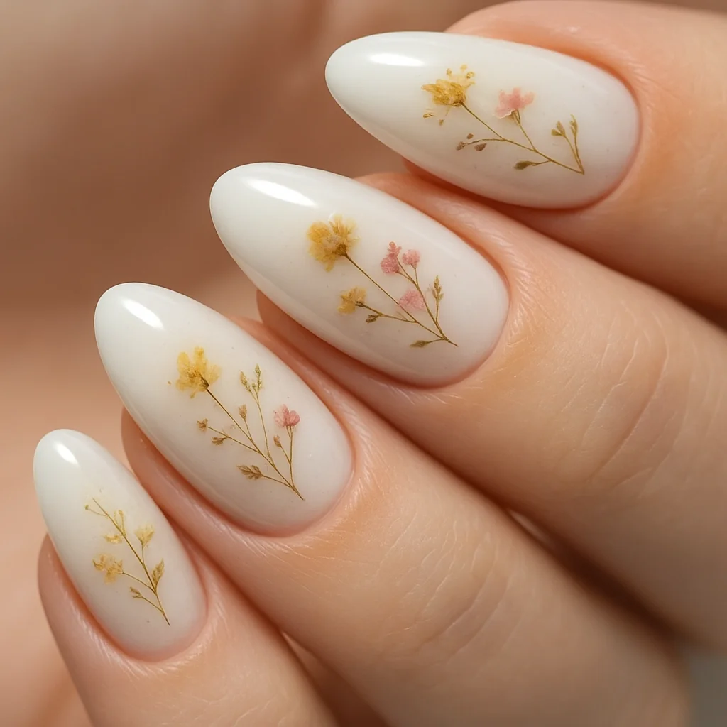 Milk bath nails with dried floral inclusions under gel on almond shape — aesthetic nail trend 2026