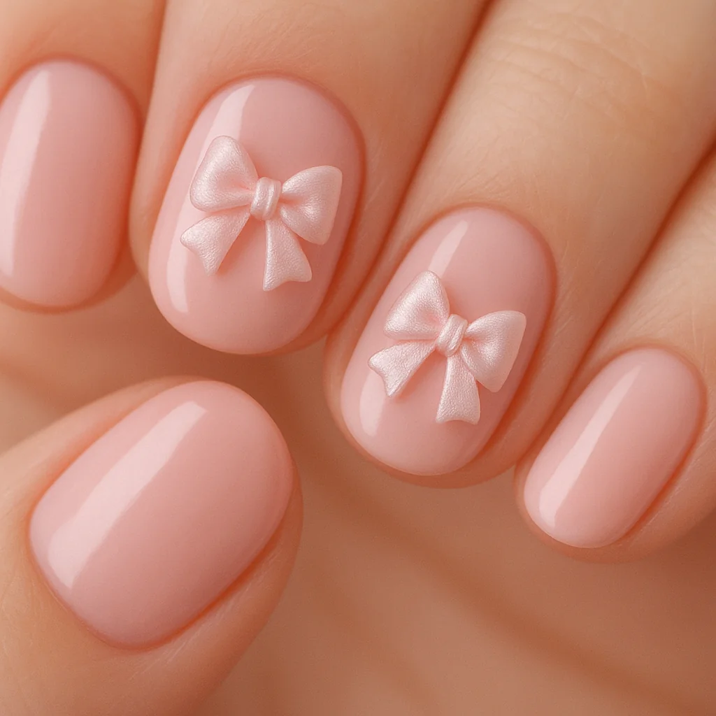 Coquette bow nails with 3D satin ribbon bows on baby pink base — cute nail design 2026