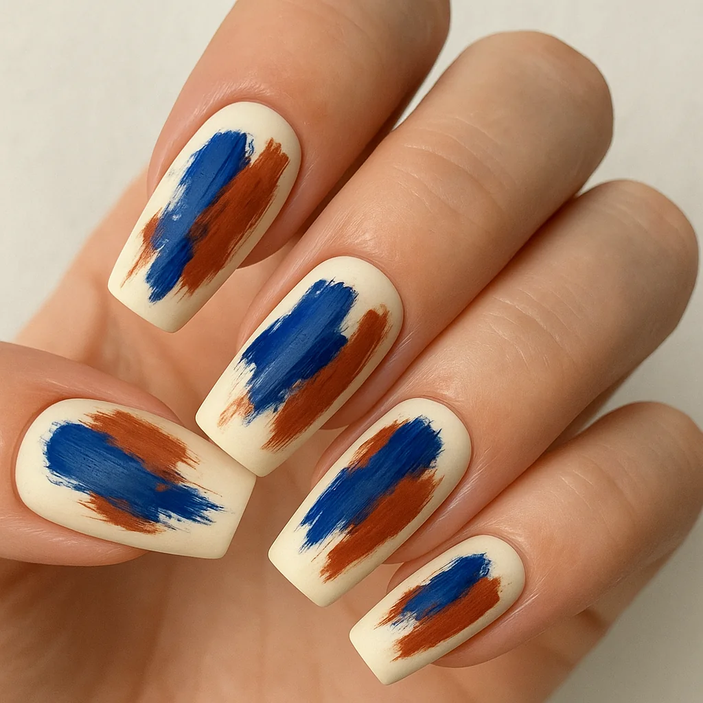 Abstract expressionist nails with cobalt blue and terracotta brushstrokes on cream base — artistic nail art 2026