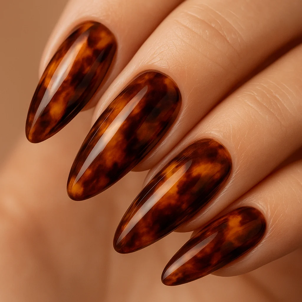Tortoiseshell nails with warm amber brown marble pattern — classic nail art trend 2026