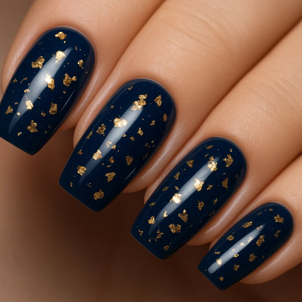 Deep ocean blue nails with gold foil flakes in gel on coffin shape — luxury nail design 2026