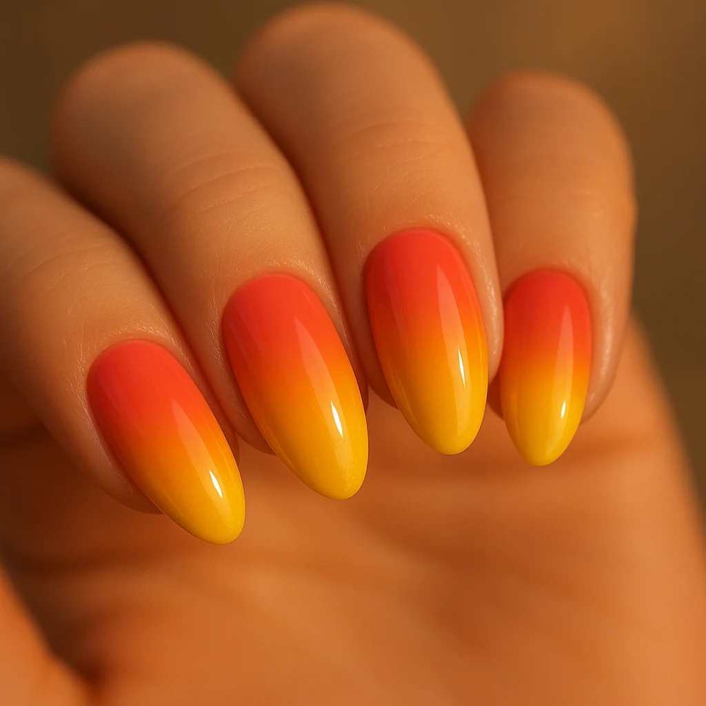 Sunset ombré nails with coral to golden yellow gradient on almond shape — trendy nail art 2026