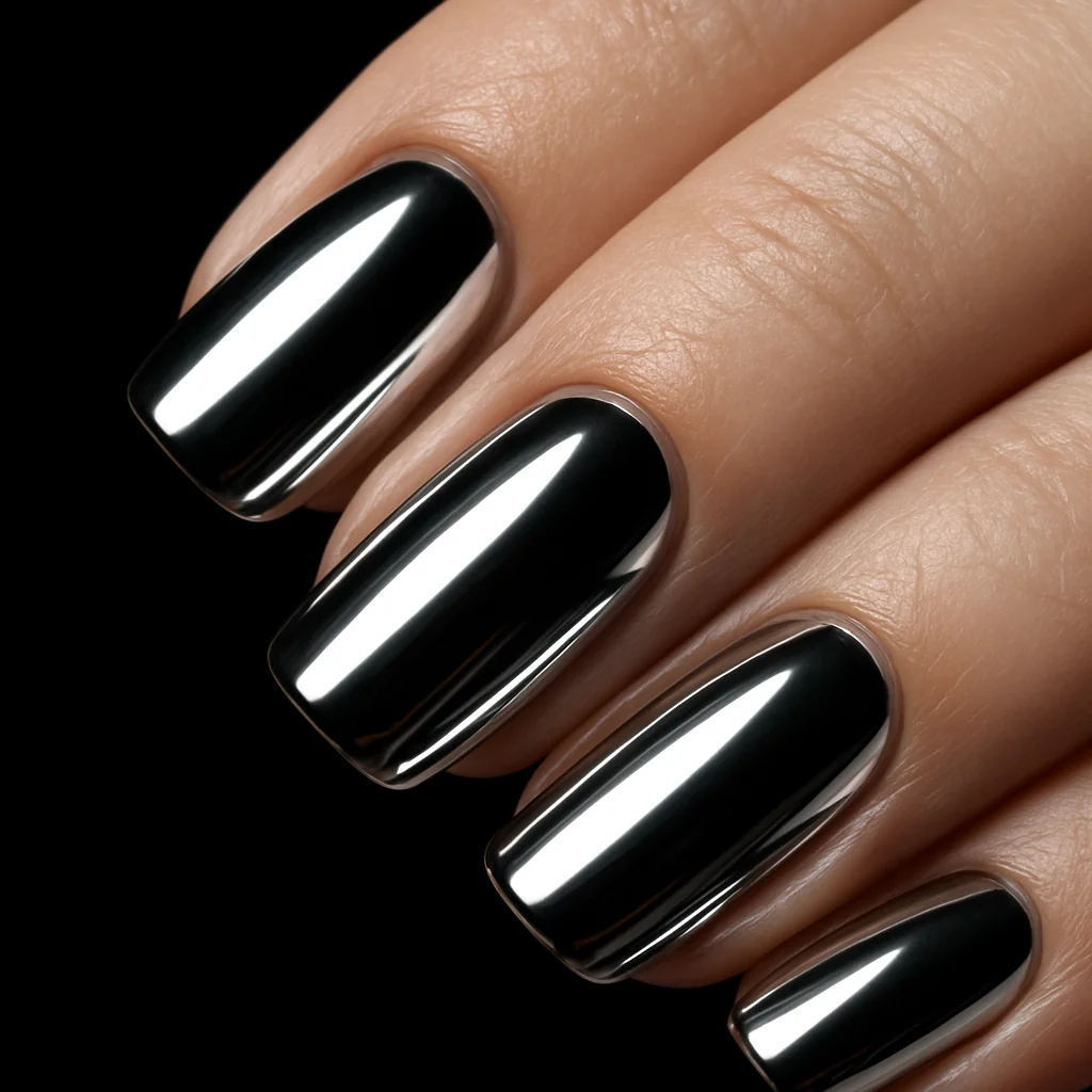 Metallic chrome silver mirror nails on squoval shape — high-shine nail trend 2026