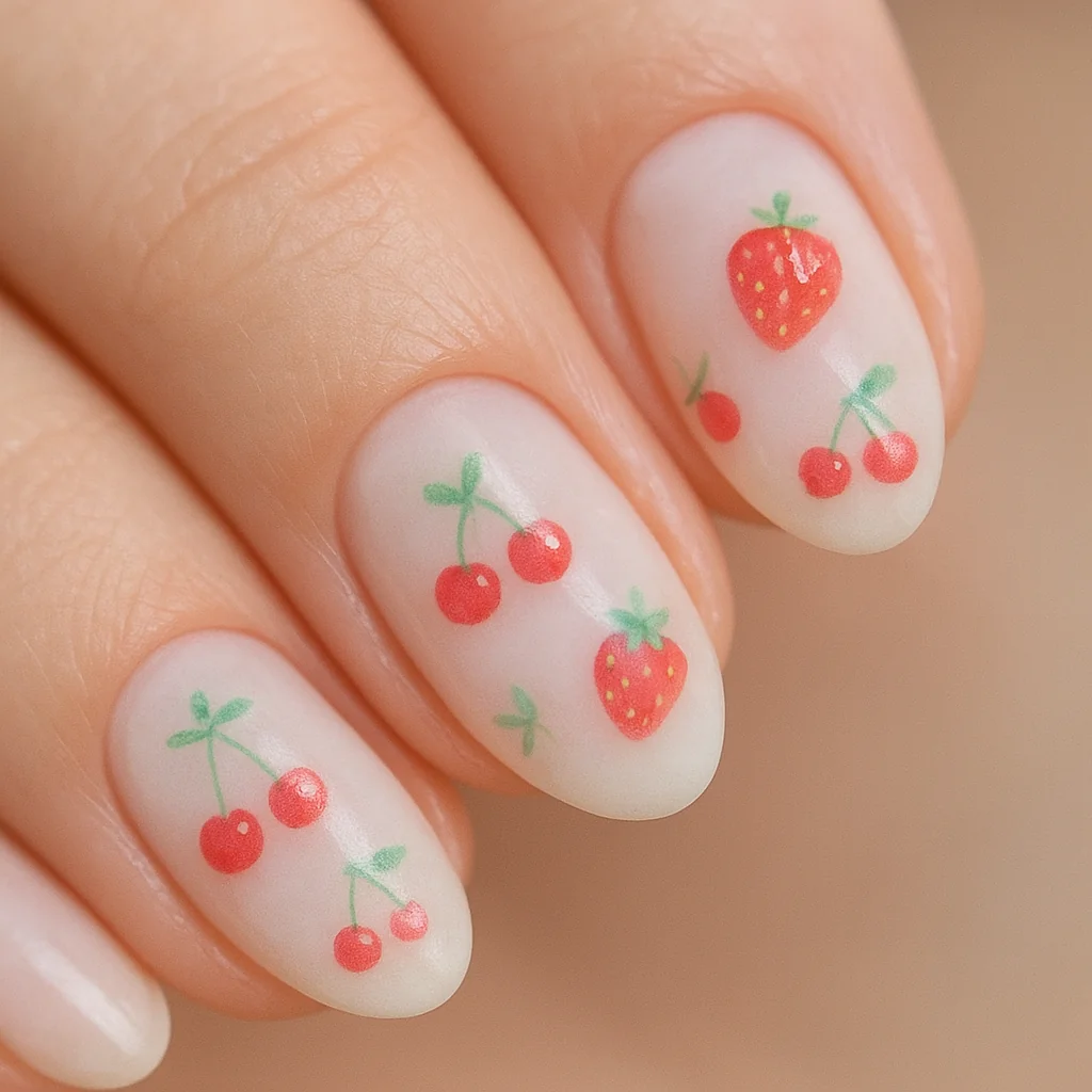 Micro fruit nail art with tiny cherries and strawberries on white base — cute nail design 2026