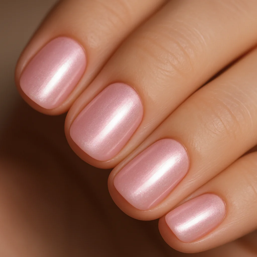 Pearlescent pink nails with iridescent pearl shimmer on short rounded shape — 2026 nail trend