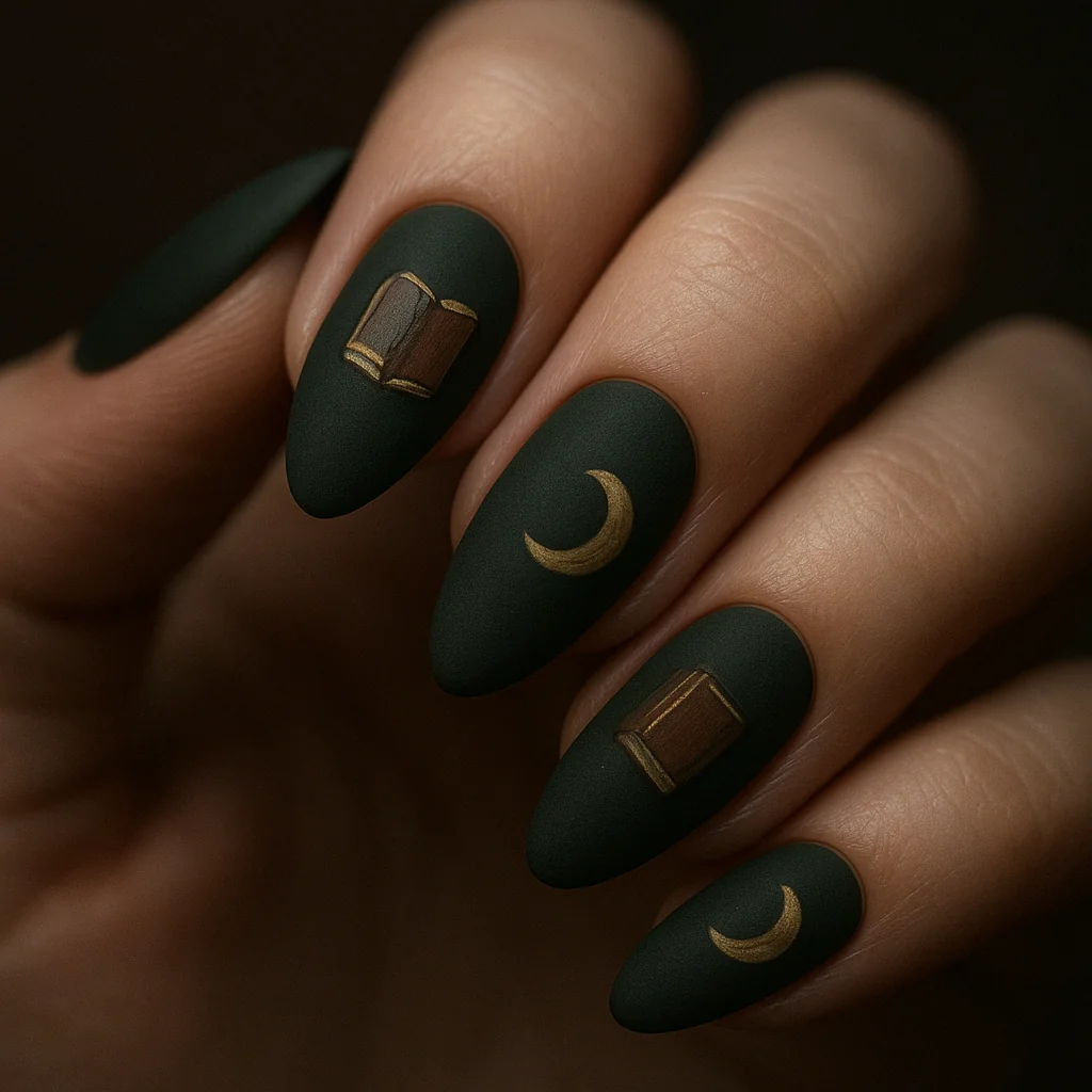 Dark academia nails with painted books and crescent moons on forest green matte base — aesthetic nail art 2026