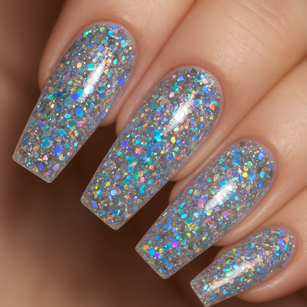 Holographic glitter nails with silver rainbow spectrum shift on coffin shape — party nail design 2026